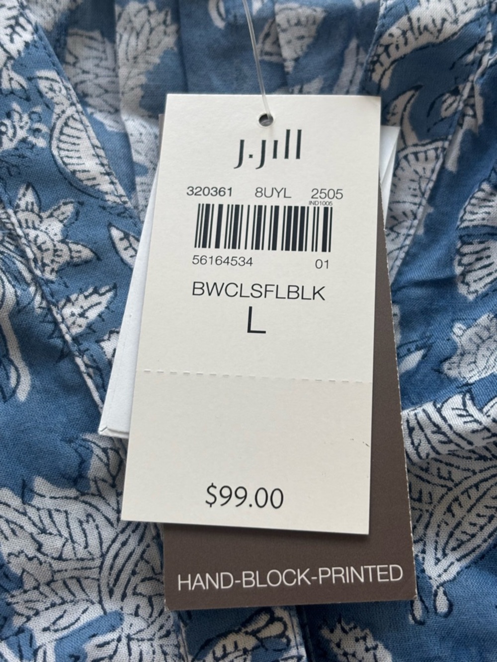 Pure Jill Hand Block Printed Foral 3/4 Sleeve Cotton Top Size Large NWT - Picture 3 of 14